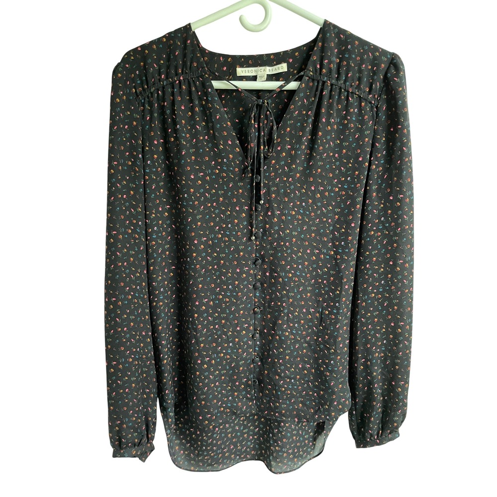 Veronica Beard 100% Silk Arbor Blouse 6 Black Multi Dainty Floral Tie Neck Top